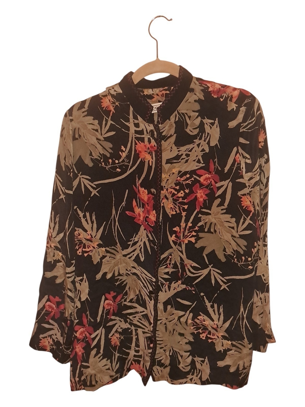 Bella Canvas Black Floral Zip-Front Blouse with Olive and Red Botanical Print